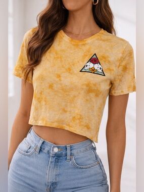 Empyre Yellow Tie Dye Crop Top Skull Rose Graphic Grunge Tee Size M